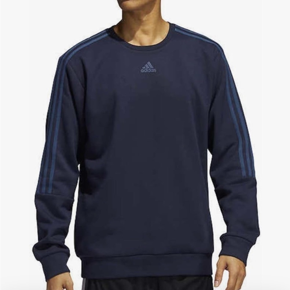 Adidas Sweatshirt Mens Navy Three Stripe Logo Pullover Soft Stretchy - Picture 2 of 6
